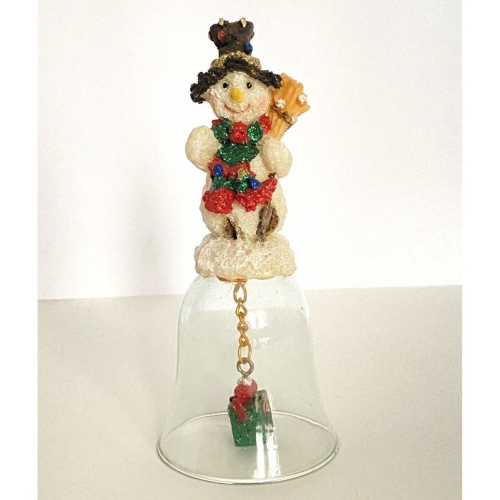 Snowman Glass Christmas Dinner Bell With Wrapped Present Clacker Sparkly Glitter